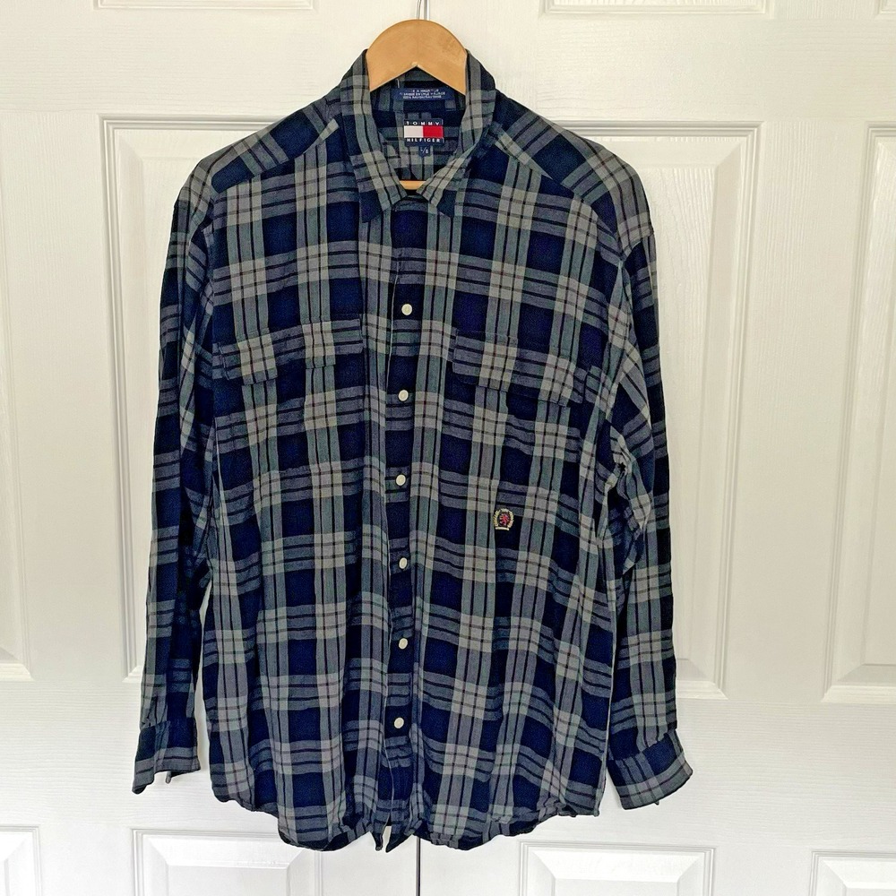 Tommy Hilfiger Vtg Long Sleeve Button Down Navy/Gray/Wine 100% Rayon - Large